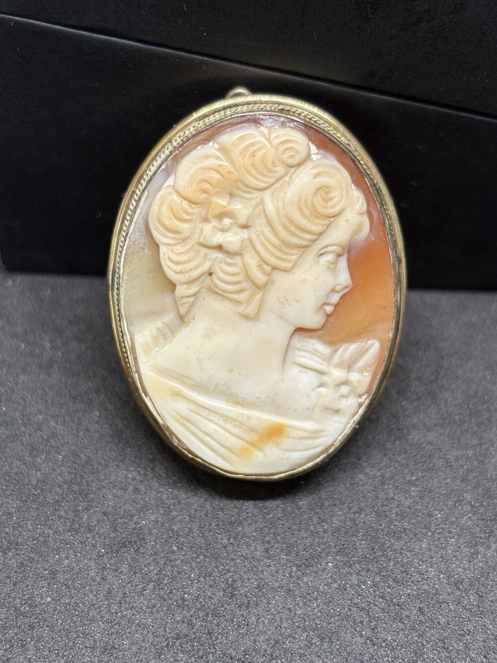 Antique Carved Shell Cameo 1.5” 800 Gilt Silver Pendant Pin Brooch Lady Portrait